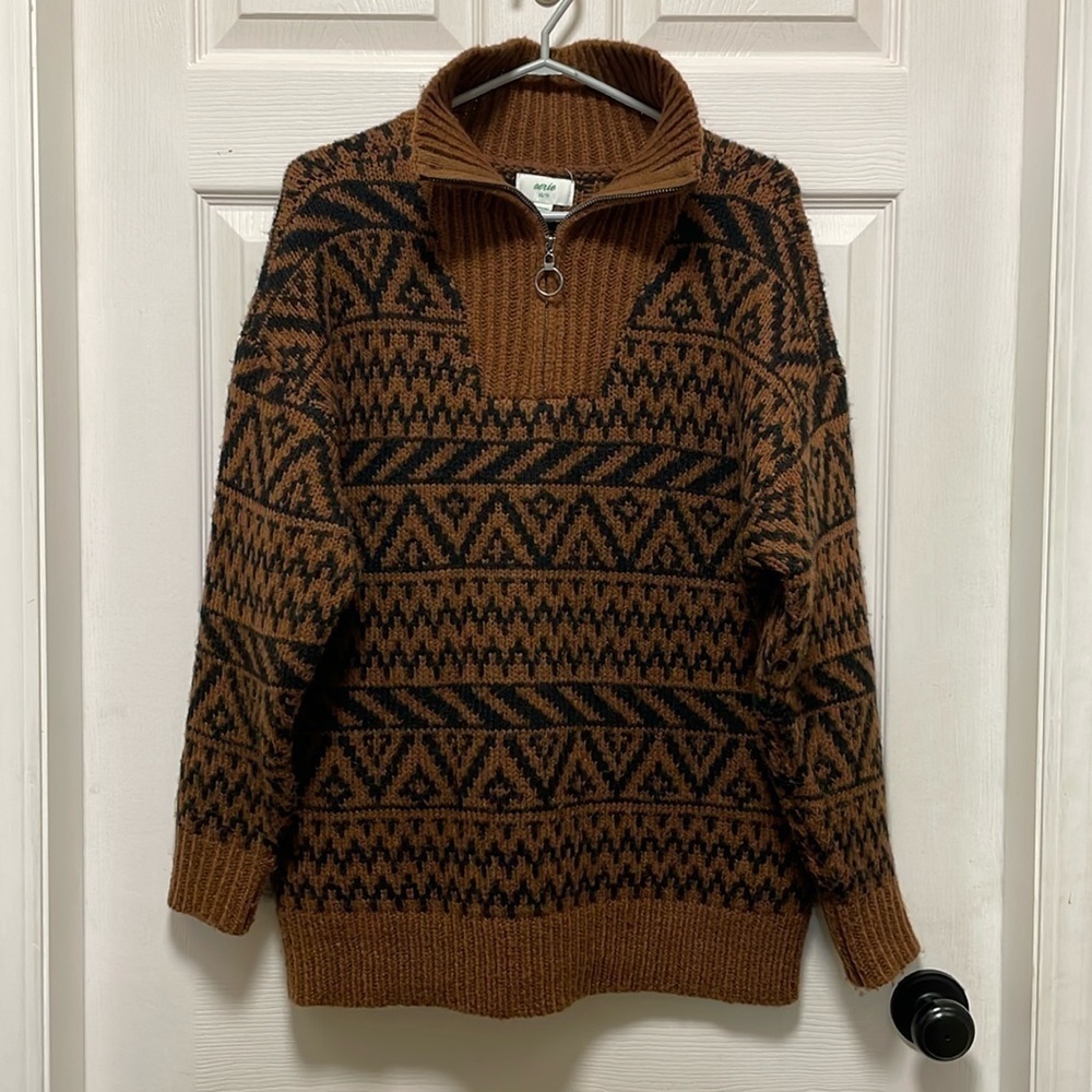 AERIE |Fair Isle | Aztec Pattern | Oversized Quarter Zip |Brown/Black |Size XS